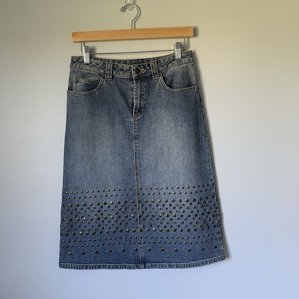 Michael Kors Vintage y2k 2000's Boho Denim Skirt Knee Length Embellished Size 2